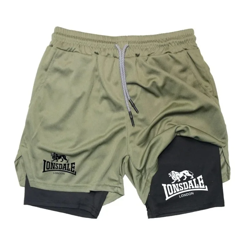 Print 2in1 Running Shorts for Men Gym Workout Compression with Phone Pocket Towel Loop Summer Sport Athletic Activewear