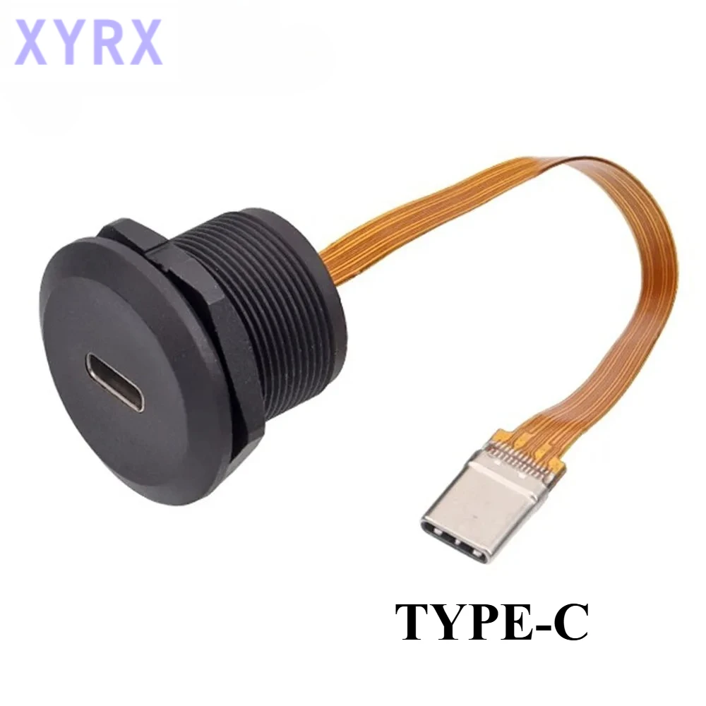 1pcs Round Panel mount USB Type C 3.1 Female to Male PFC Flat Cable Type-C 3.1 Industrial Threaded Power Charging Connector