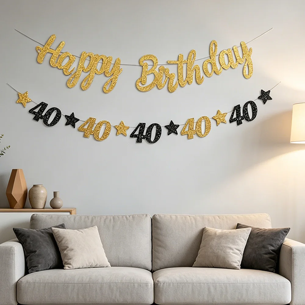 Dekorationsartikel für die 18., 20., 30., 40. und 50. Geburtstagsfeier für Männer und Frauen, schwarz-goldenes Partybanner für 18. bis 60. Geburtstag. – Detail 4