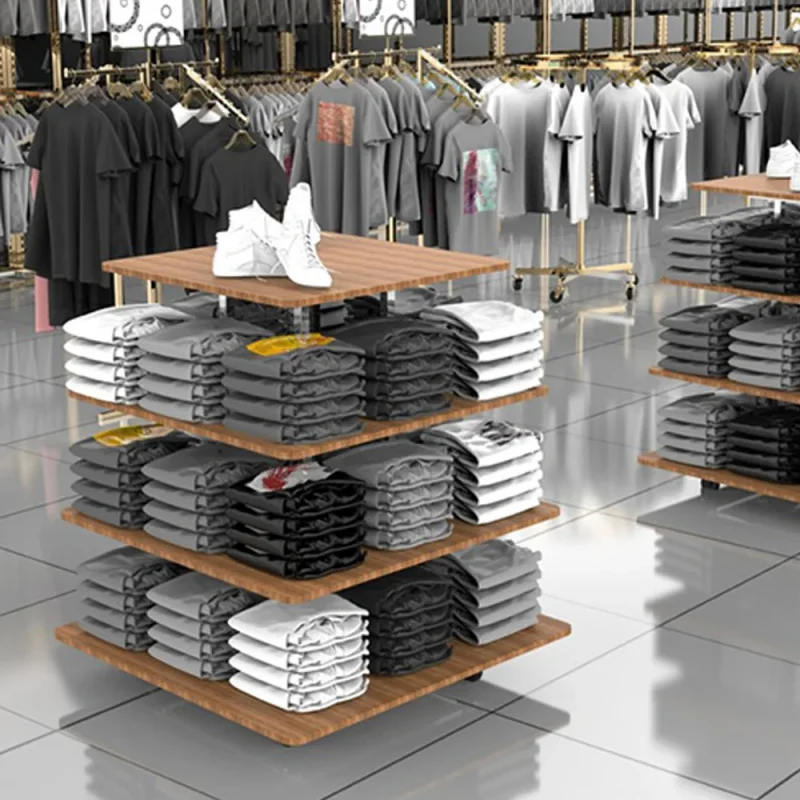 custom.Custom Apparel Display Stand Clothing Rack Wooden Multi Layer Moveable with Wheels Garment Rack Clothes Store
