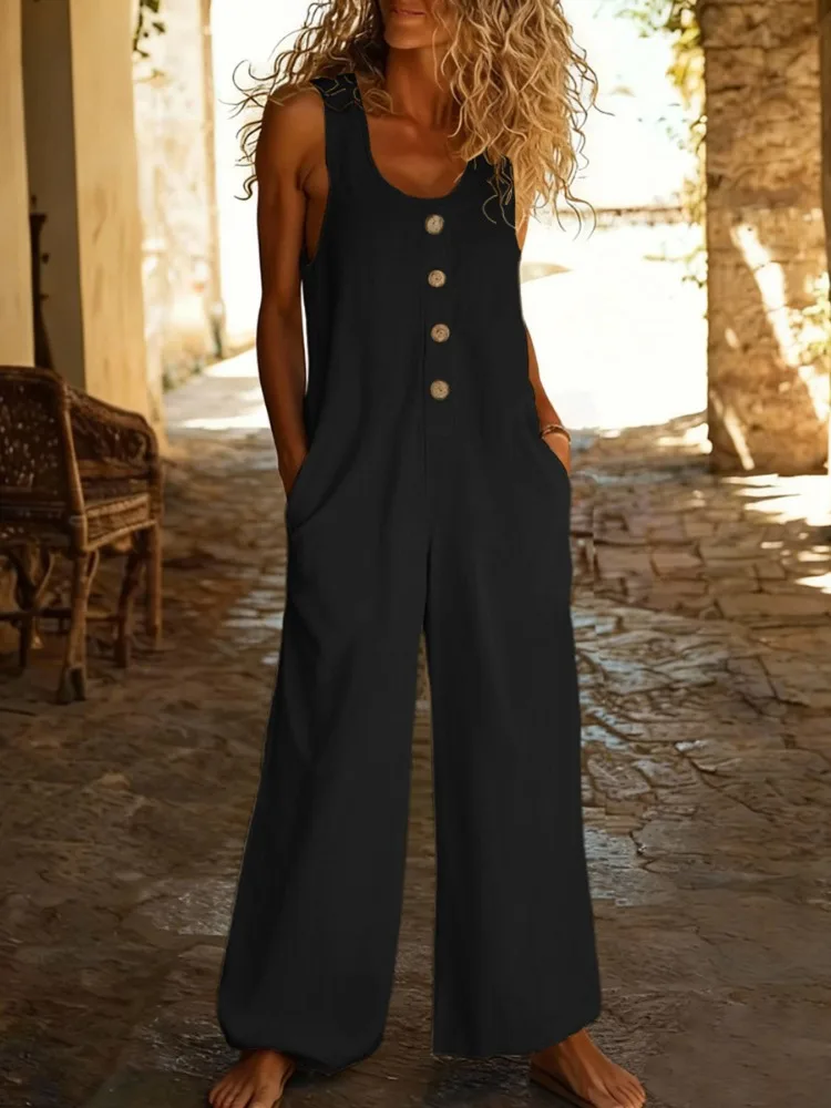 Uoozee 2026 New Summer Solid Color Sleeveless Wide Leg Jumpsuit For Women Loose Buttoned Pockets Casual Vacation Romper