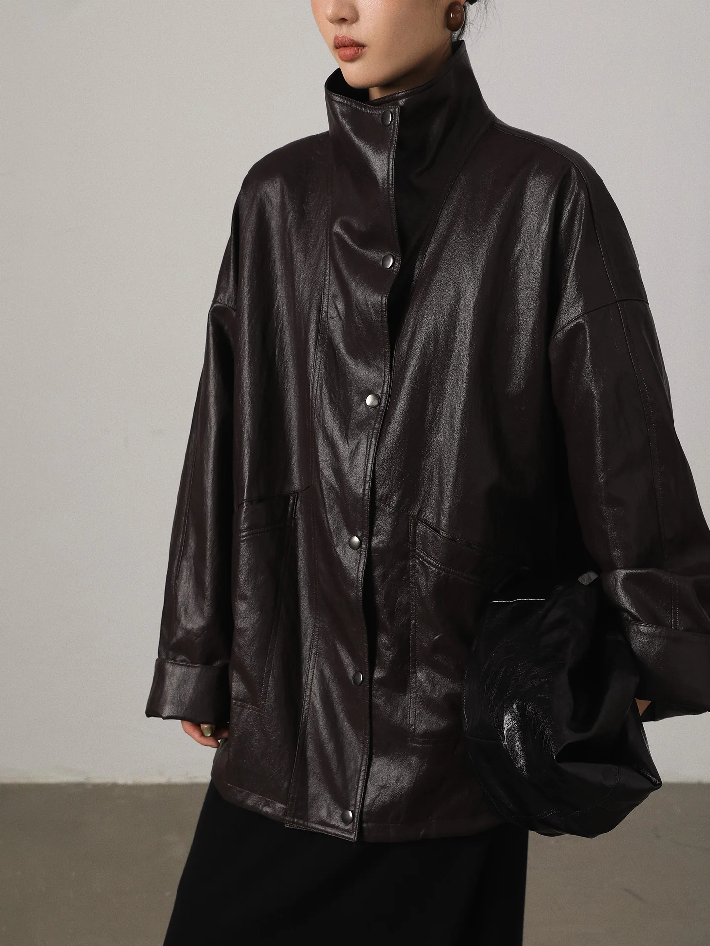 Vimore Classic Lightweight Metal Wire PU Leather Jaet Coat Flip Collar ape Leather Outerwear Long Sve Loose Fit Sle