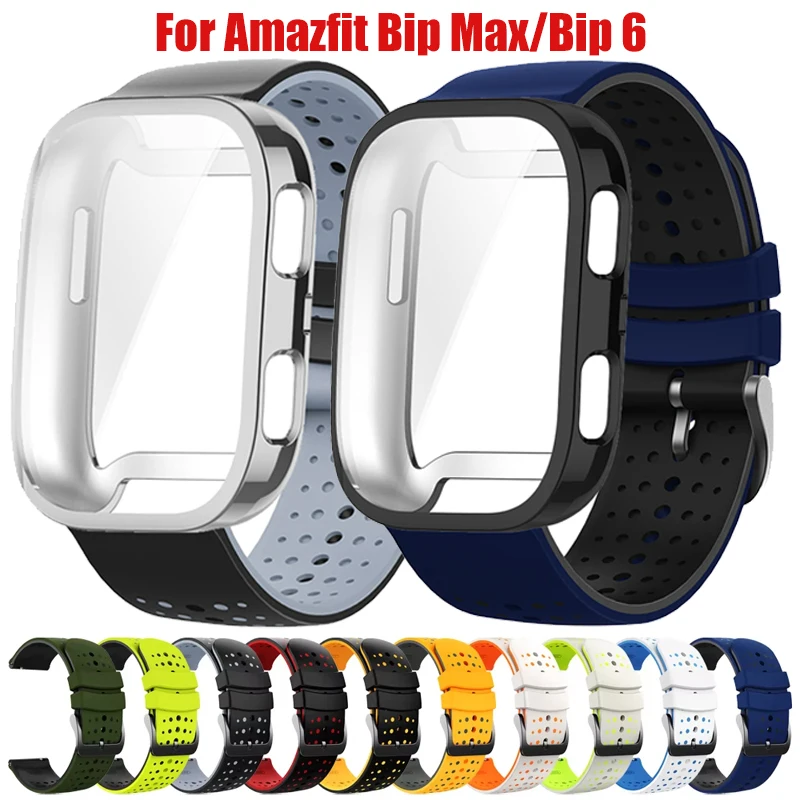 Sport-Silikonarmband + TPU-Hülle für Amazfit Bip 6, atmungsaktives Armband, verstellbar, Correa mit Displayschutzfolie für Amazfit Bip Max