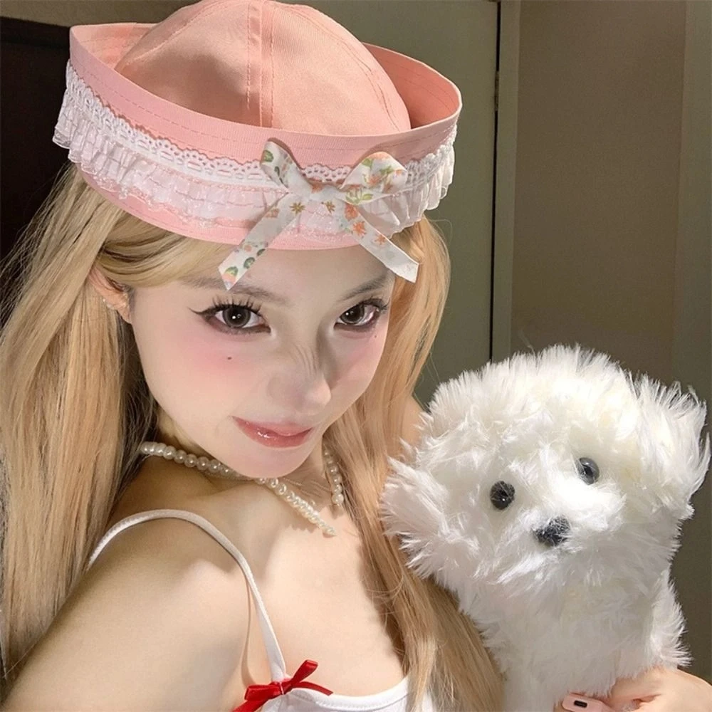 

Cute Y2k Sailor Caps Harajuku Bow Lace Navy Hat JK Sweet Berets Women
