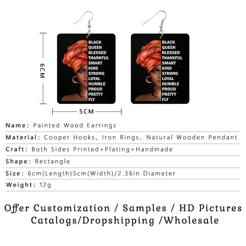 SOMESOOR Strong Melanin Queen African Wooden Drop Earrings Black Every Month Inspired Sayings Print Women Wood Dangle Jewelry image 3