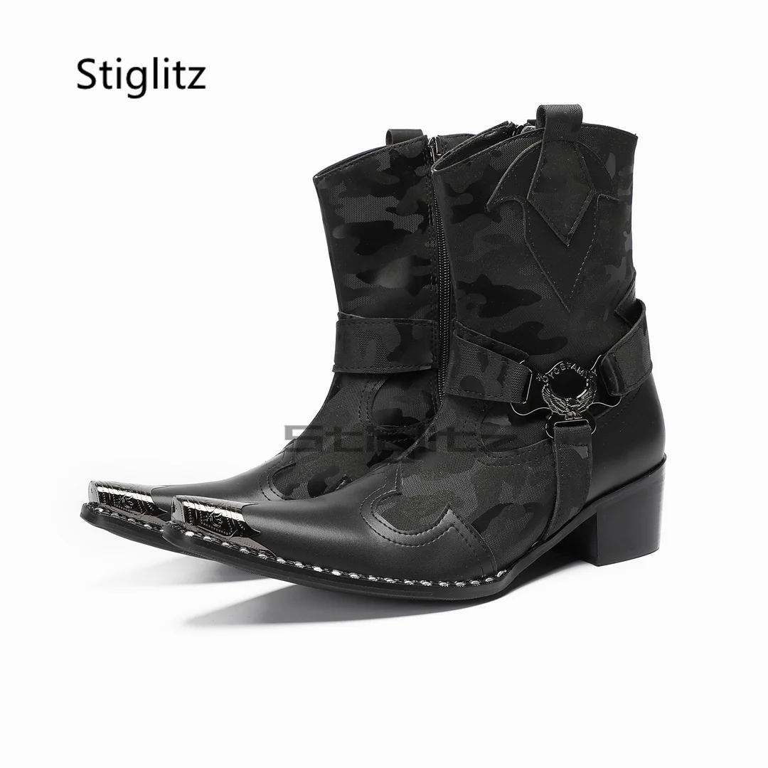 

Black Buckle Strap Chelsea Boots for Men Metal Toe Genuine Leather Patchwork High Heels Short Boots Casual Party Dress Shoes