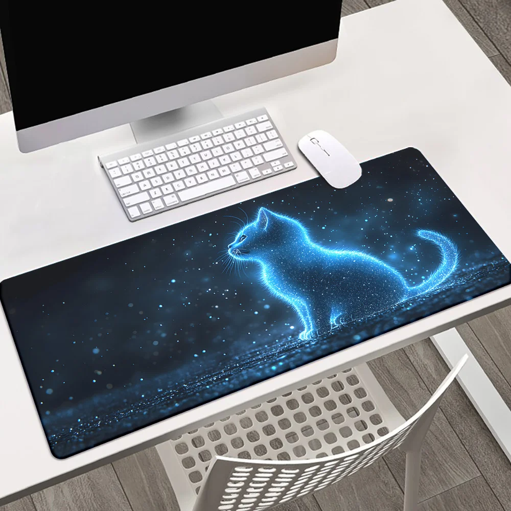 

Luminous cat high-definition printed rubber mousepad shiny blue cat design multi-functional XXL suitable for gamers and families
