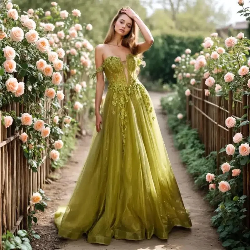 

Charming Olive Green Evening Dresses Straps Off Shoulder Fish Bone Corset Long Tulle A-Line Prom Party Gown Customized Vestidos