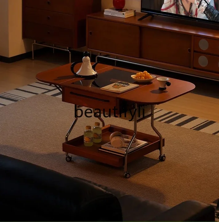 

X188 Solid wood folding coffee table small apartment sofa edge table movable cart retro storage