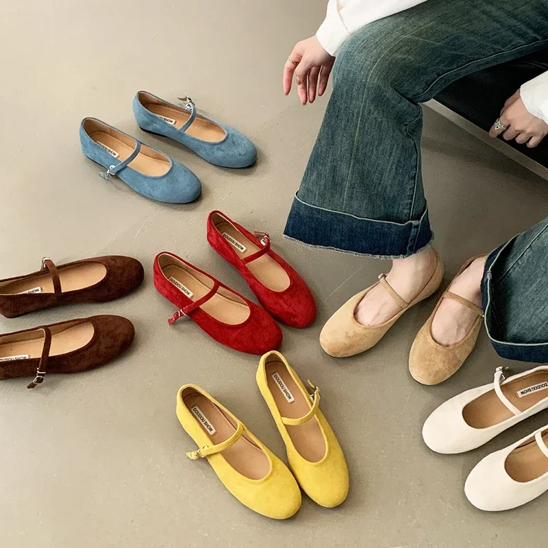 

Elegant Ladies Round Toe Belt Strap Shoes Barefoot Velvet Mary Janes Women Daily Office Loafers Slip On Mocasines Ballets Mujer