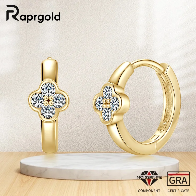

RAPRGOLD 2mm Round Moissanite Lucky Clover Flower Hoop Earrings for Women Real 925 Sterling Silver Fine Jewelry Gifts Pendientes