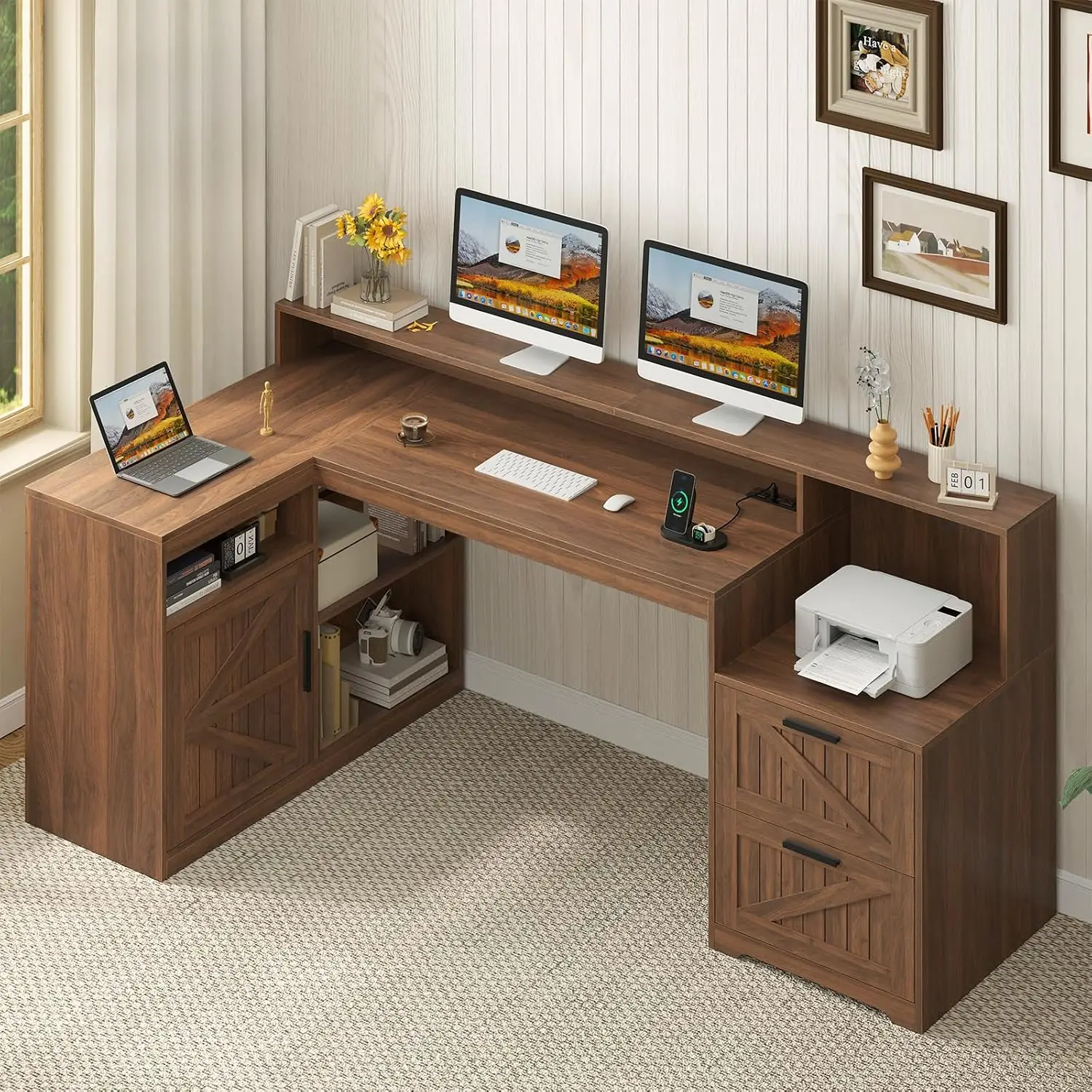 63 Inch Farmhouse L Shaped Desk with Drawers, Brown Corner Computer Desk with Power Outlet, Printer Stand, Storage Shelves