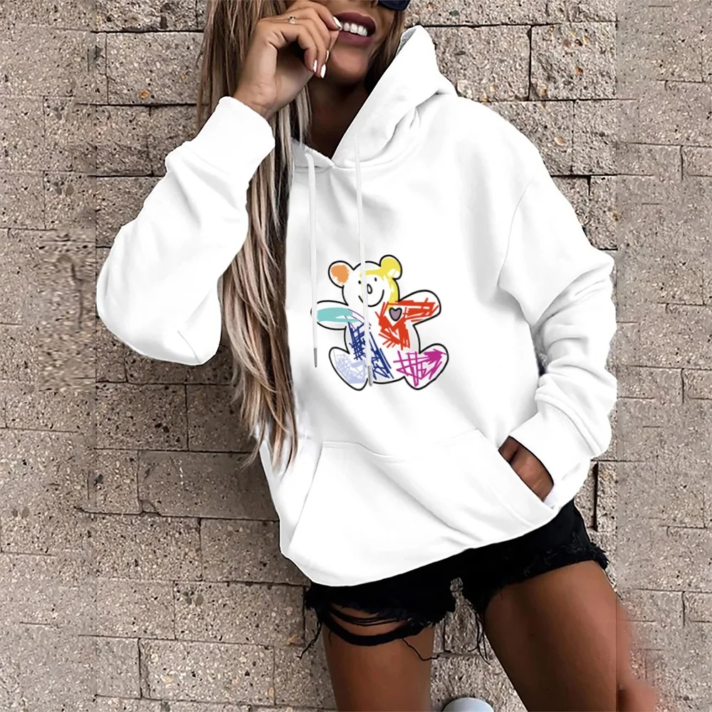 2022 hoodie moda feminina de manga comprida bonito urso imprimir topo solto bolso moletom meninas roupas wear pulôver esportes hoodies