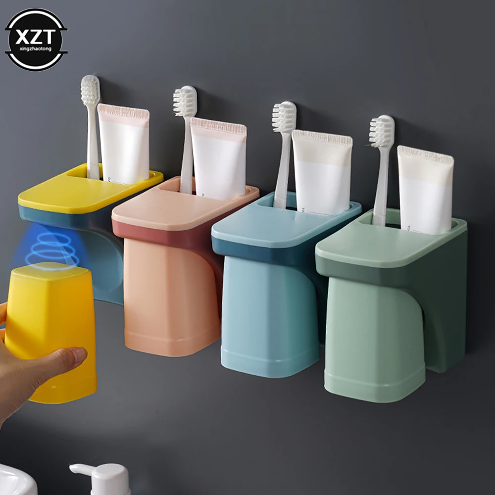 Wall Mount Magnetic Bathroom Gargle Toothbrush Cup Holder Anti-dust Draining Mug Bathroom Cup Lover Family Set Toothbrushing Cup