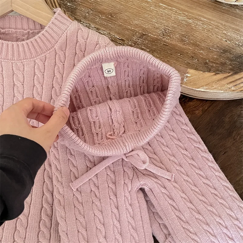 Soft Warm Knitting Sets for Girls Solid Striped Pullover Sweaters+Elastic Waist Straight Pants Two Pieces Children Winter Suits