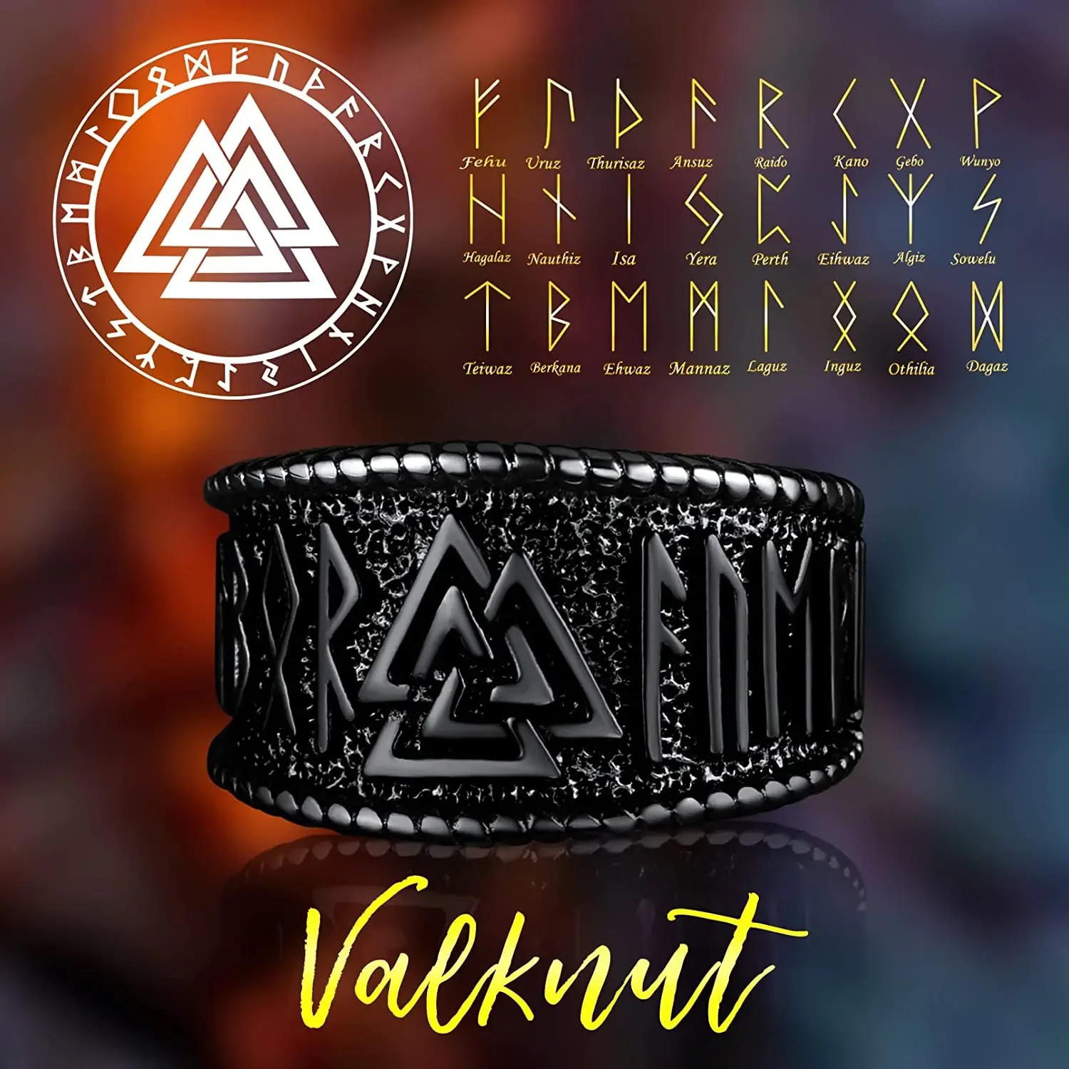 ChainsPro Norse Viking Rings Stainless Steel 14mm wide Vintage Style Nordic Valknut Rune Finger Ring Jewelry for Men Women CP774