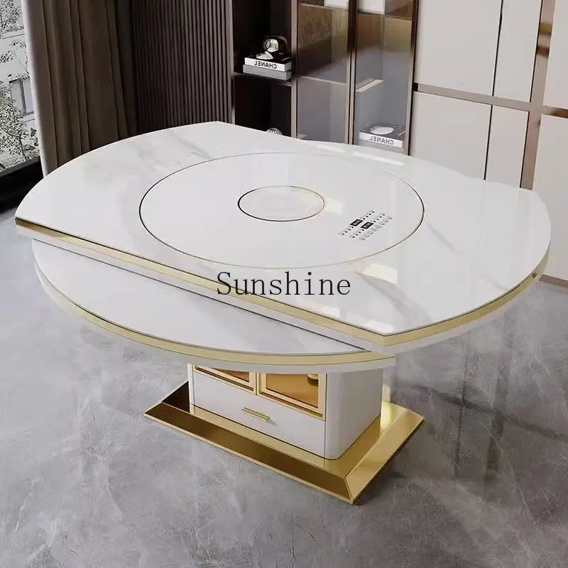 Light luxury multi-functional variable round induction cooker with built-in rock slab turntable dining table