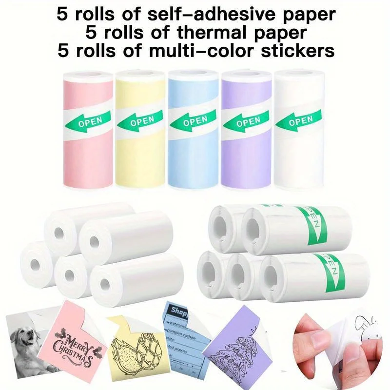Mini rollo de recambio de papel para impresora, papel térmico imprimible, papel adhesivo para impresora inalámbrica de bolsillo para notas de