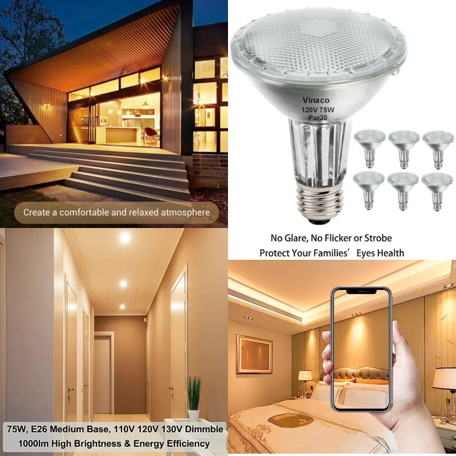 PAR30 Long Neck 75W, 6 Pack Long Lasting PAR30 Halogen Flood Light Warm White 2800K, PAR30 Dimmable, High Output par30 Flood Li