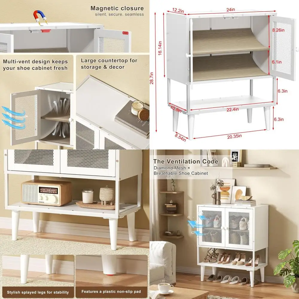 

Mesh Door Shoe Storage Cabinet for Entryway, Holds 12-16 Pairs, Wooden Rack for Living Room (White)