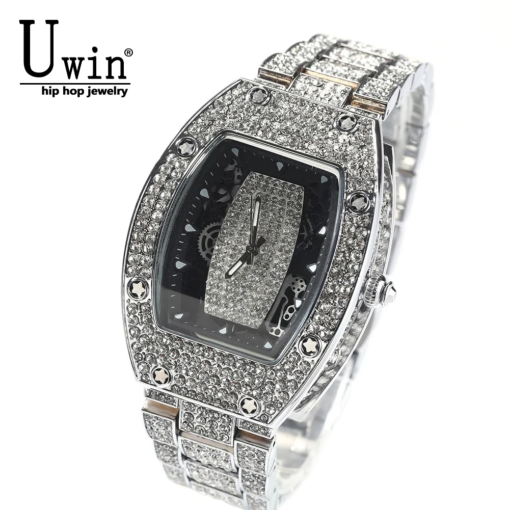 

Uwin Большие мужские часы Водонепроницаемые полностью Iced Out Прямоугольный циферблат Элитный бренд Кварцевые автоматические наручные мужские часы в стиле хип-хоп