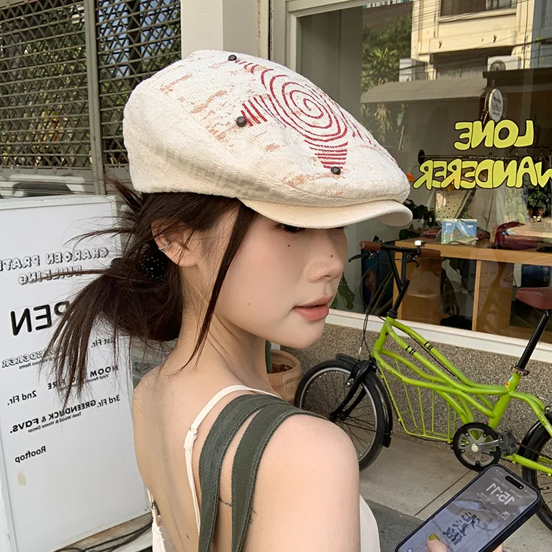 Departamento japonês de harajuku retro graffiti estrelas para frente chapéus para mulheres versátil y2k pentagrama pintor boina boné