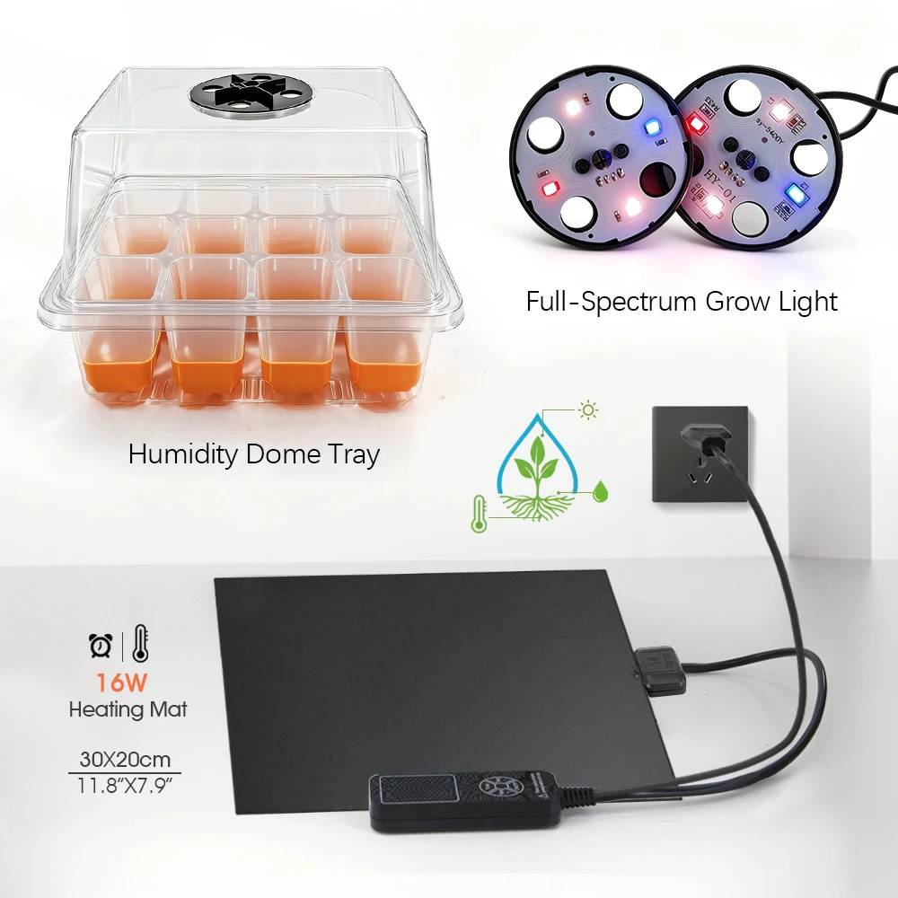 Seedling Starter Kit with Full Spectrum LED Grow Light 16W Timed Heating Mat for Plants Germination Cloning Greenhouse Nursery