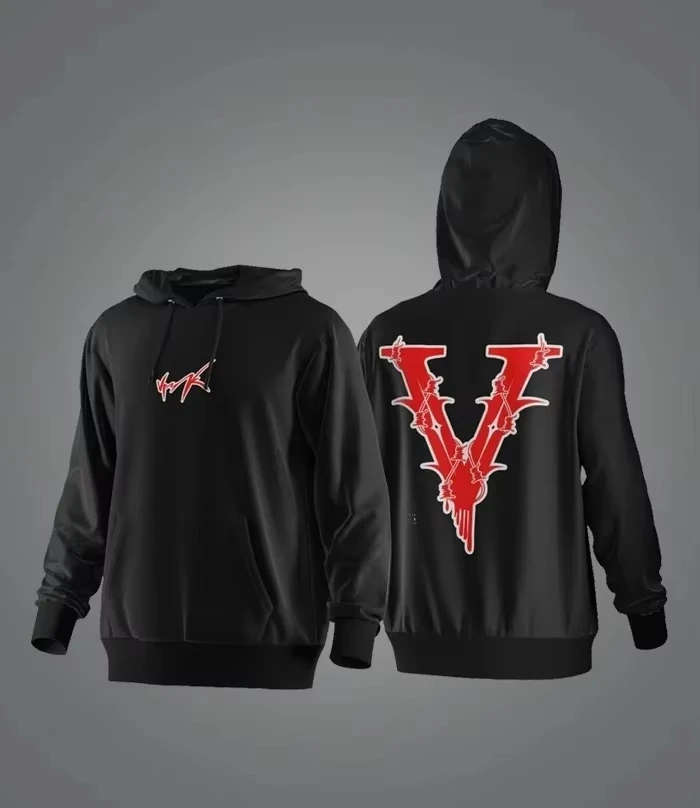 2026 Model Loose-fitting Hooded Shirt, Men's and Women's Version, Red Large V-letter Print Hip-hop Streetwear Casual Top