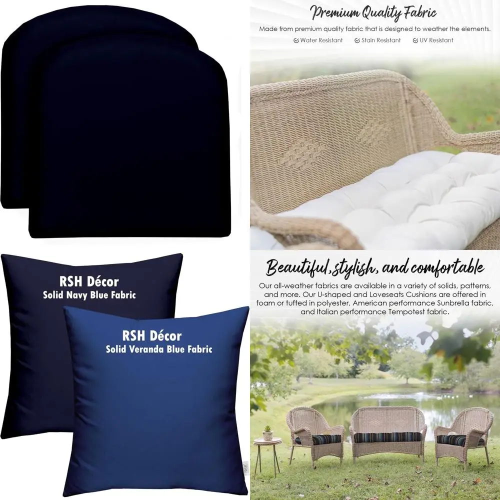 

pair of large navy blue u-shape wicker foam seat cushions for indoor and outdoor use