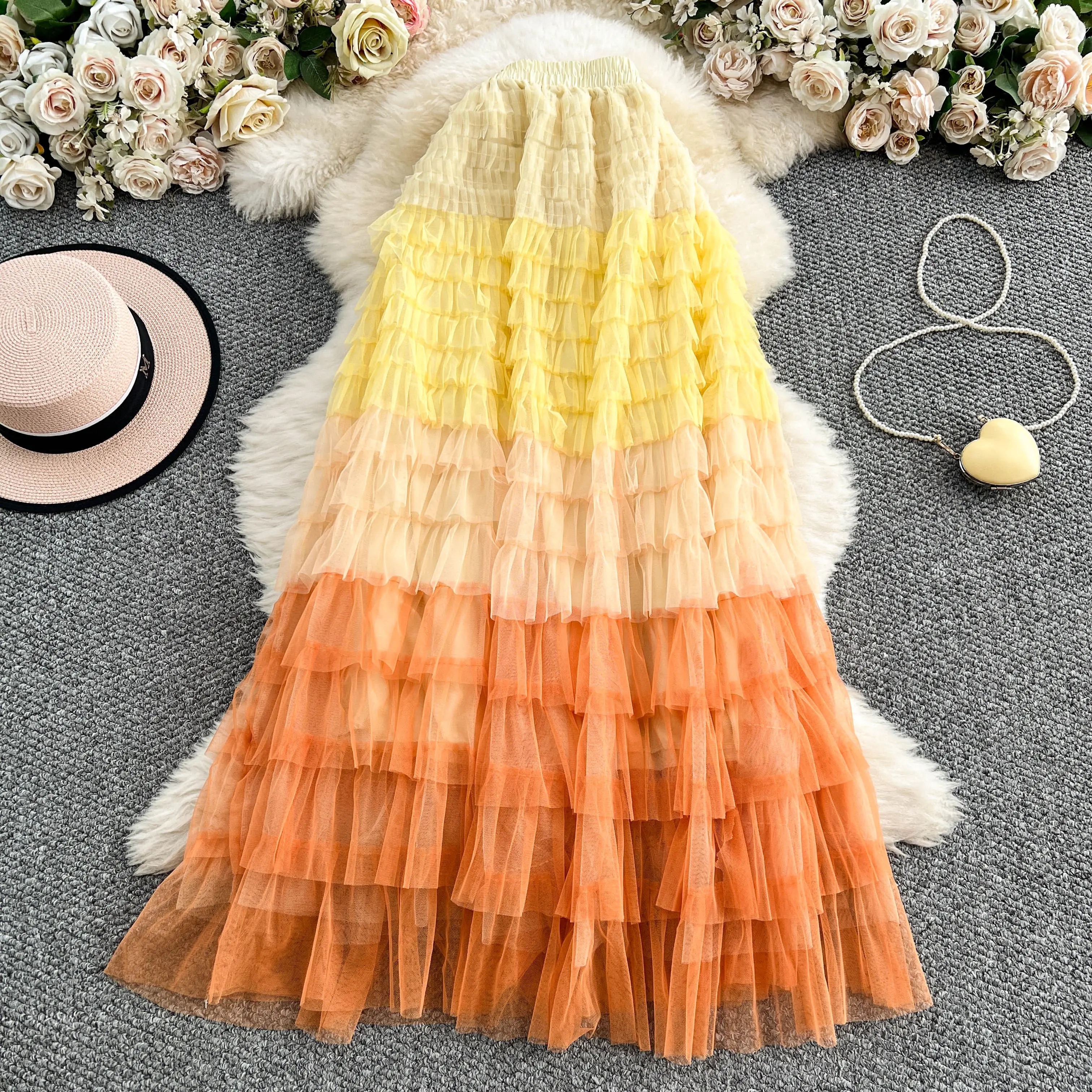Luxury Elegant Gradient Half Skirt Women 2026 Summer New Gradient Color Mesh Splicing Slimming Cake Long Skirts High Waist Slim