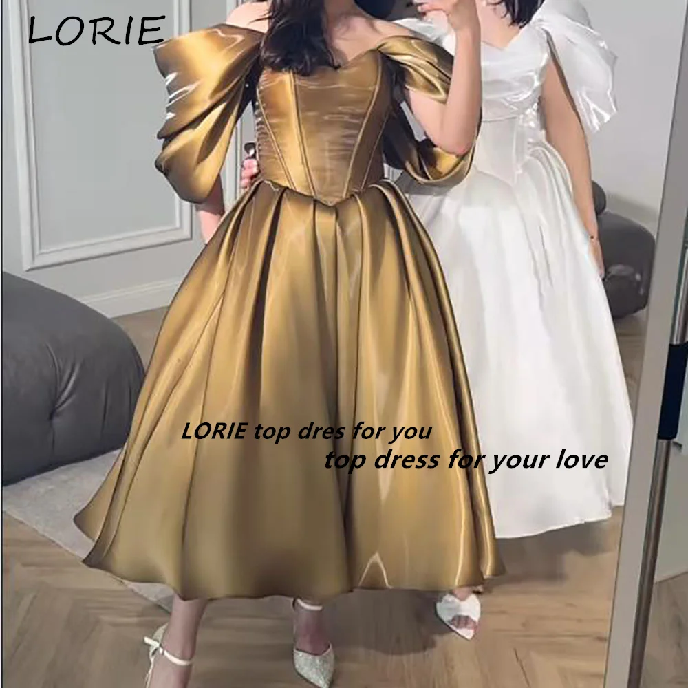 LORIE Sparkly Off Shoulder Prom Dresses A-Line Sweetheart Pleats Shiny Ankle Ball Ruffle Party Dresses Customized Cocktail Dress