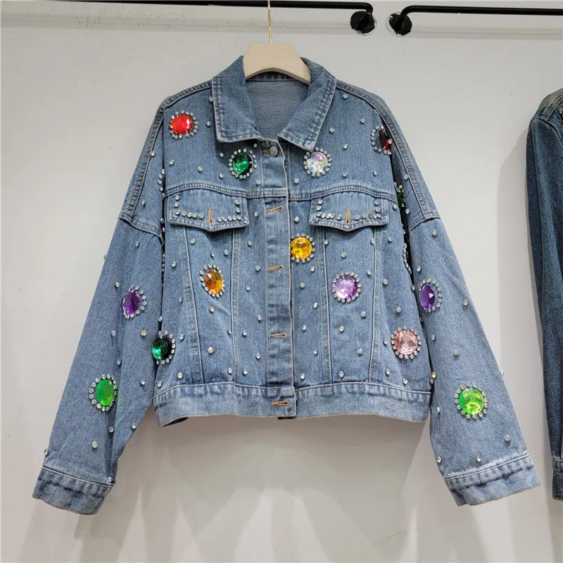 

Spring New Fashion Beaded Diamonds Frayed Hole Short Denim Jacket Women Lapel Long Sleeve Casual Loose Streetwear Chaqueta Mujer