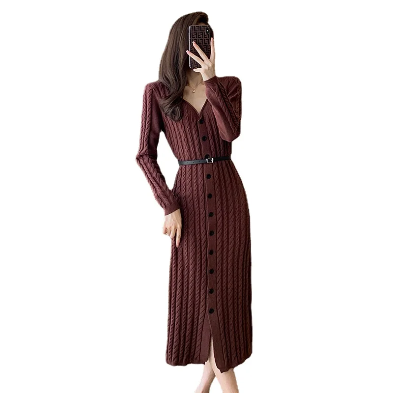 

2024 Autumn Winter Knitted Dresses for Women Long Slevees V-neck Wrap-around Dress Women Elegant Vestidos Para Mujer