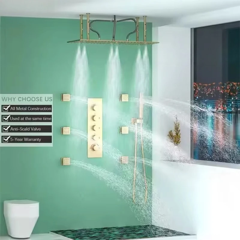 Système combiné de salle de bains avec bobine en laiton pour appartement, ensemble de robinets de douche intérieure thermostatiques en or brossé
