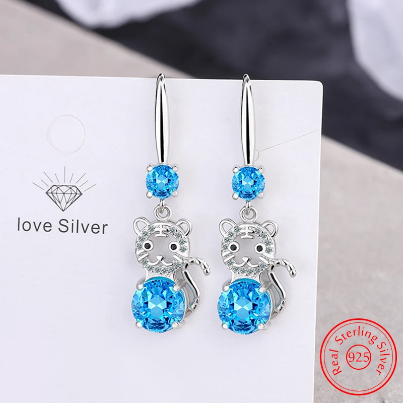 

New Jewelry Woman 925 Sterling Silver Zircon Crystal Cute Tiger Drop Earrings Fashion FQL25066