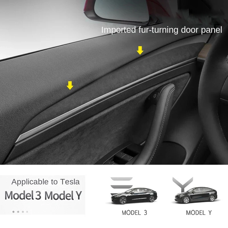 Suede Overlay For Tesla Model 3 Y 2020 2021 2022 2023 Car Door Trim Protection Sticker Interior Door Handle Decoration Panel