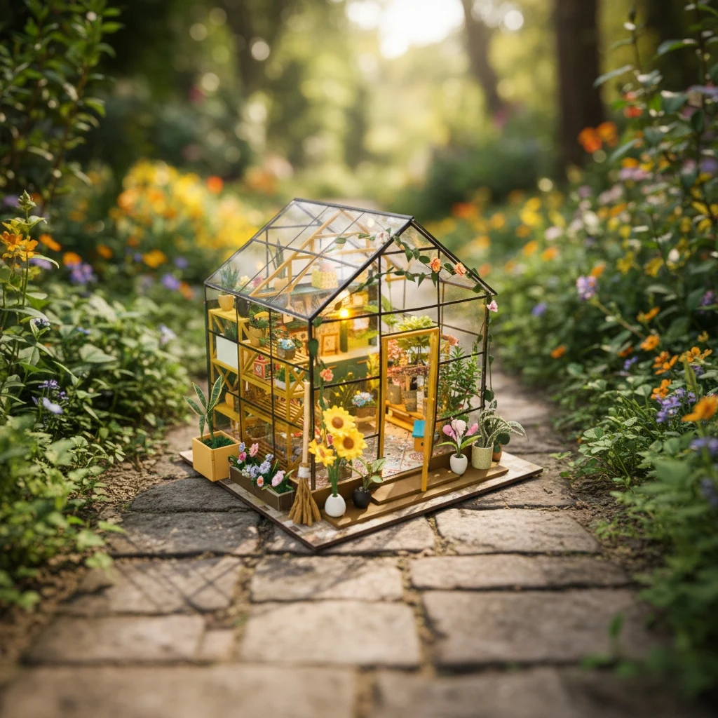 OUZEY 3D Wooden Dollhouse DIY Kit - “Blossom Cottage” with LED Light & Furniture, Creative Flower House Model & Gift