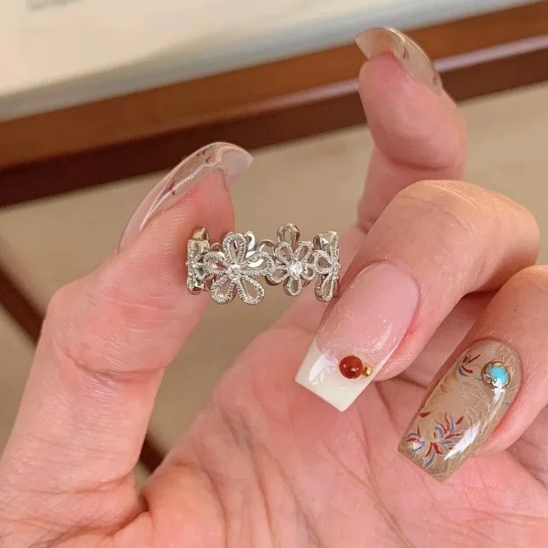 خاتم زهرة الدانتيل الرجعية مع زخرفة الماس، خاتم البنصر النحيف الفاخر الفريد للنساء #1