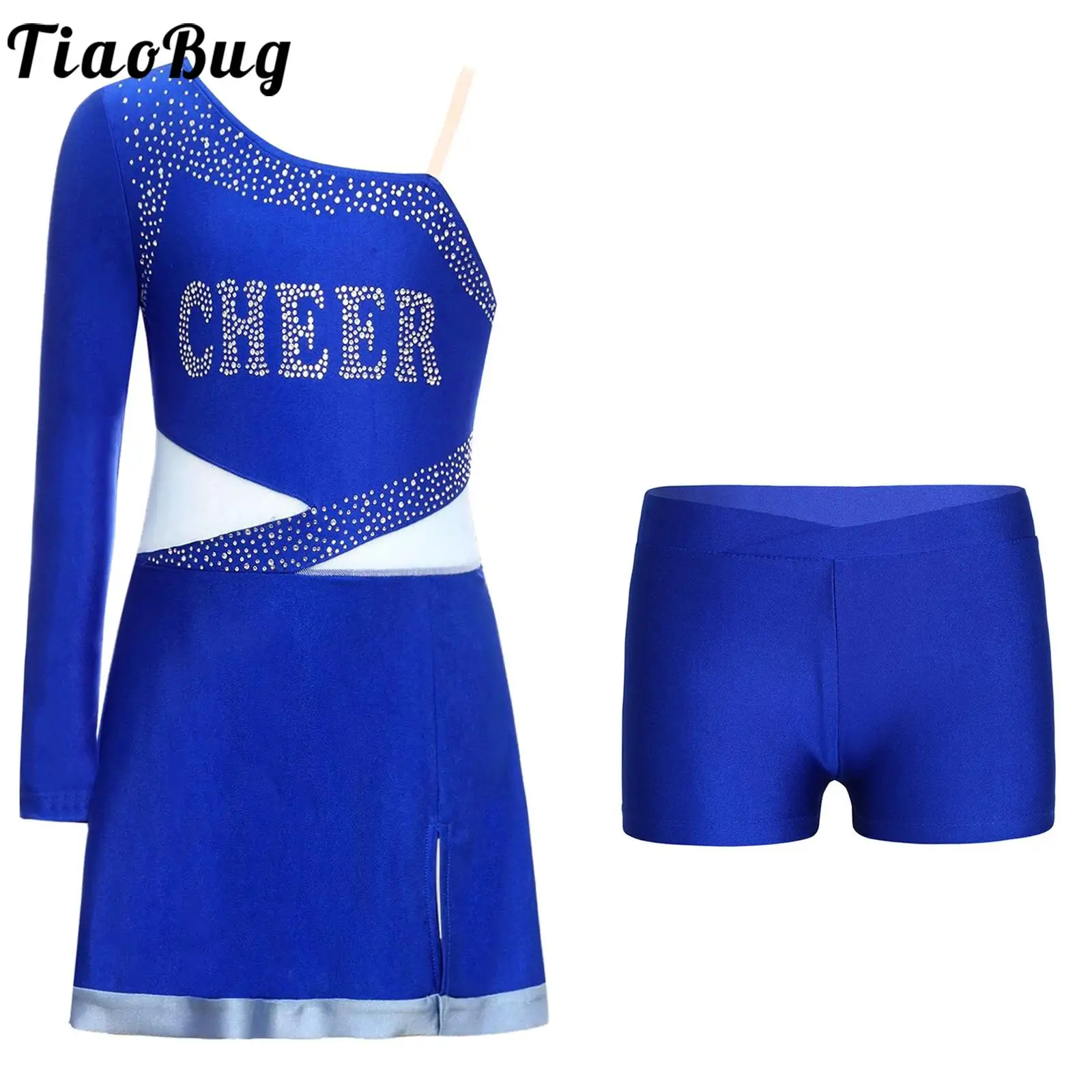 

Girls Cheer Leader Dance Performance Costume One Shoulder Sleeve Cheerleadering Dance Dress with Shorts Set Cheer Uniform Outfit