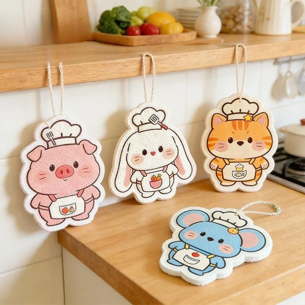 4 Pieces Compressed Wood Pulp Cotton Sponge Cartoon Animal Shape Dish Scrubber Kitchen Cleaning Scouring Pad With Hanging Loop
