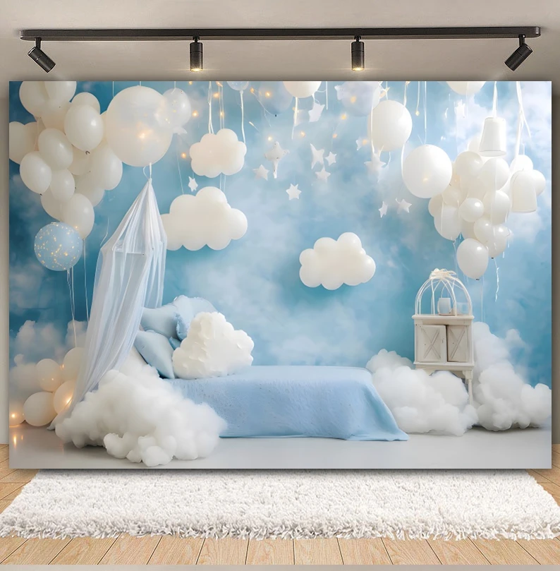 Pasgeboren Baby Verjaardagsfeestje Fotografie Achtergronden Maan Sterren Blauwe Wolken Baby Douche Cartoon Achtergrond Decor Fotostudio Props