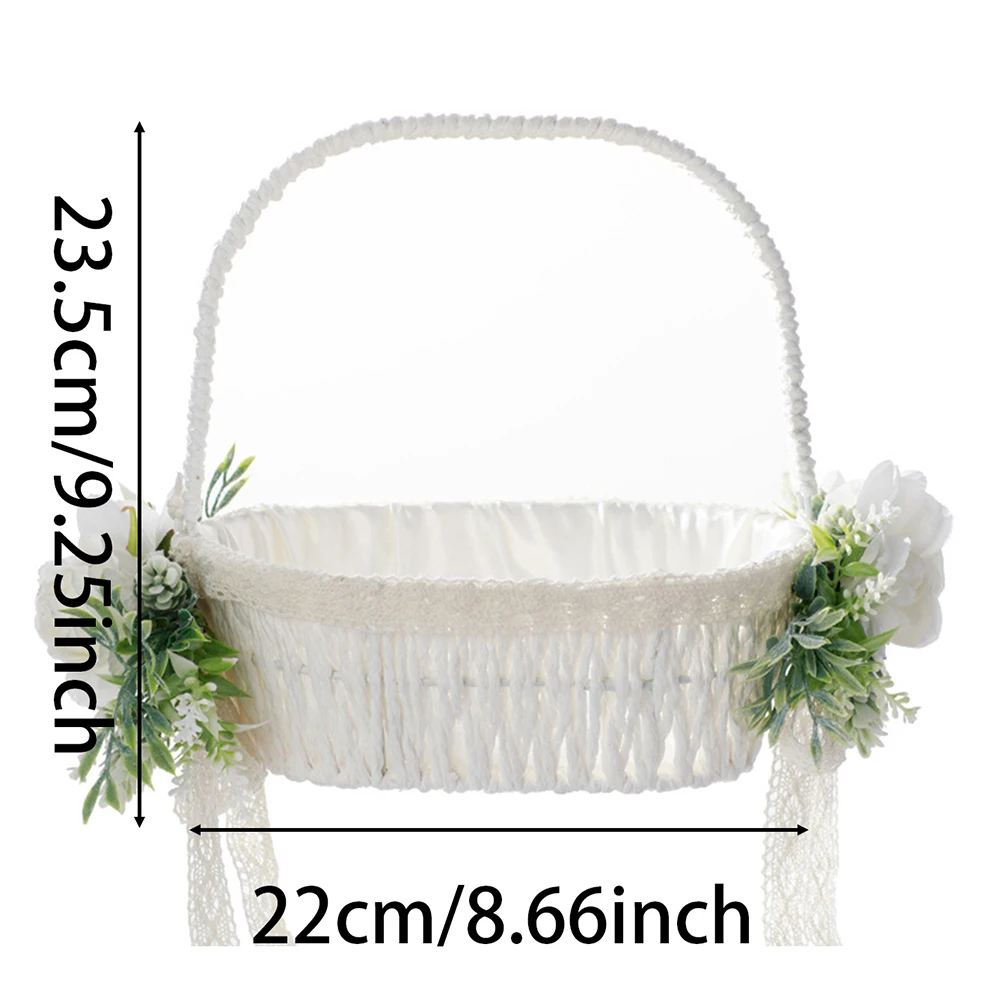 White Rattan Wedding Flower Girl Basket with Silk Peony, Vintage Flower Girl Basket for Wedding Ceremony Anniversary Party Decor image 5