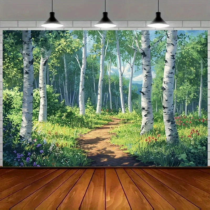 Tranquil Birch Forest Path Tapestry: Lush Greenery Pattern Wall Hanging for Calm Scandi-Boho Home Decor