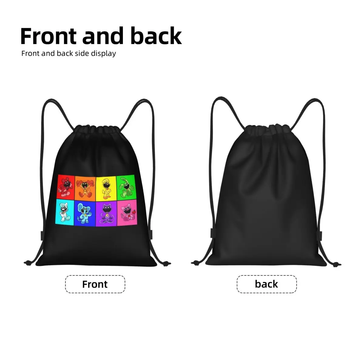 Custom Colorful Smiling Big Mouth Critters Group Drawstring Bag for Training Yoga Backpacks Scarry Animated Game Gym Sackpack