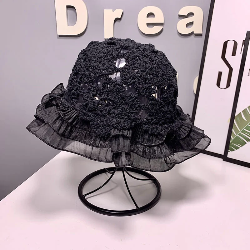 Women Panama Lace Transparent Ruffle Bucket Hat Girl Flower Sun Hat Korean Fisherman Cap Japanese Beach Hat Solid Basin Gorro