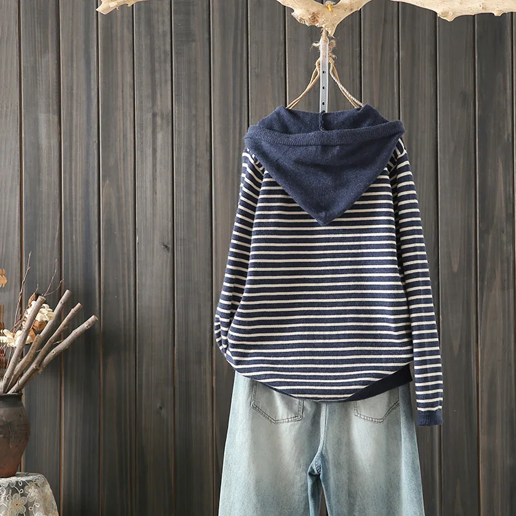 الراقية المرأة طويلة Sve محبوك سترة فضفاضة تناسب مقنعين مخطط العلوي الخريف الشتاء حجم كبير رداء علوي غير رسمي مريح