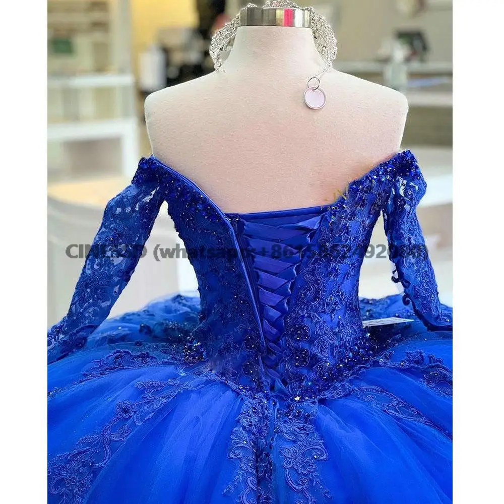 Royal Blue Off The Shoulder Quinceanera Dresses Ball Gown Long Sleeve Beading Crystal Appliques Corset For Sweet 15 Girls Party