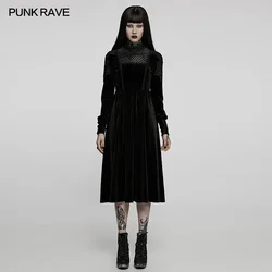 PUNK RAVE Gothic Women Diamond Pattern Black Velvet Dress Lace Collar Appliques Sleeve Dresses Vintage Clothing Autumn/winter