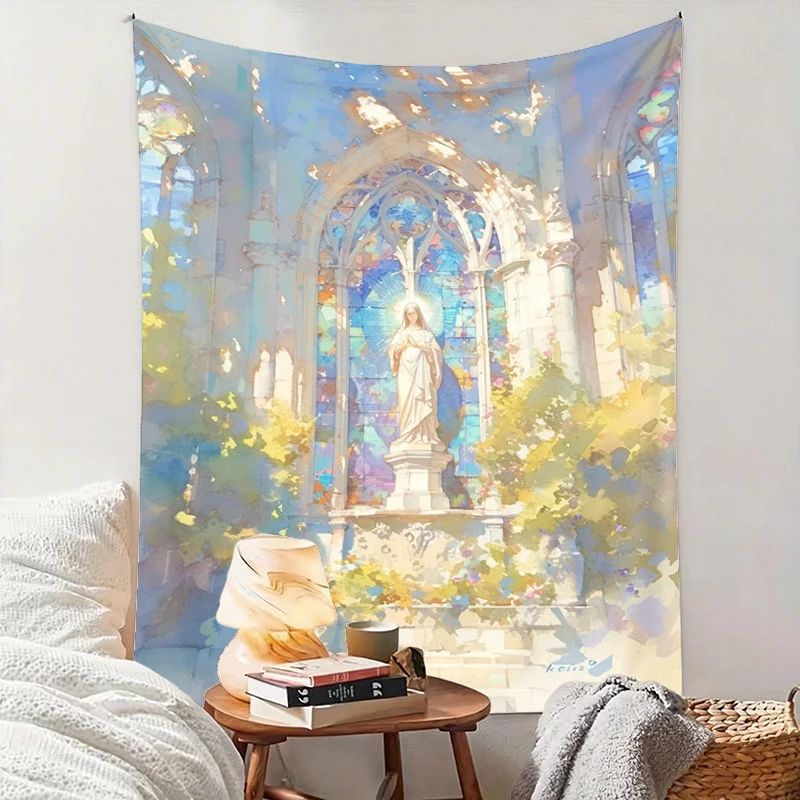 1PC Church Mary Statue Art Print Backdrop Banner, Bedroom Living Room Photo Background, Polyester, Home Decor, Wall Art