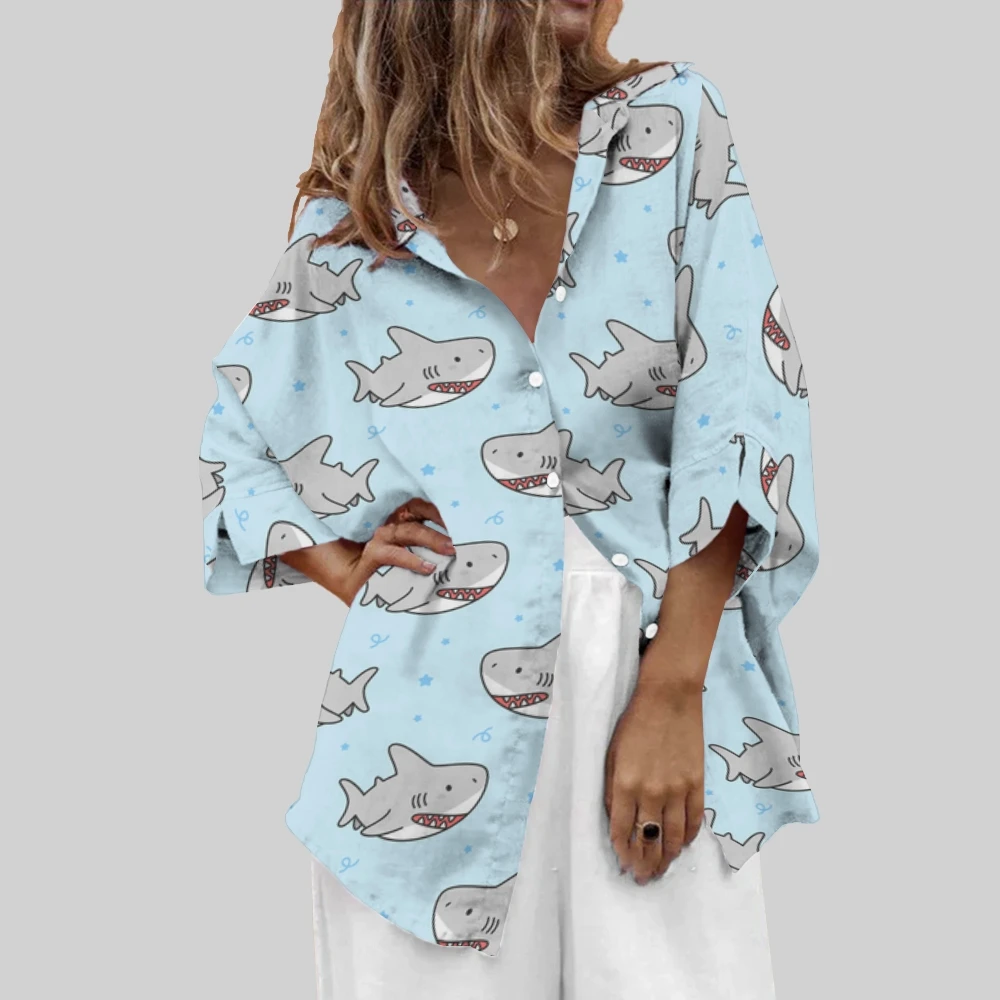 

Shark Attack!Cartoon Shark Shirt Oceanic Adventure Shark Printed Blouse Starry Sharks Wears Causal Summer Beach Vacation Outfits